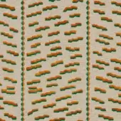 Textile pattern with elongated shapes in papaya orange, burnt sienna, and olive green on cream, featuring vertical columns and woven texture.